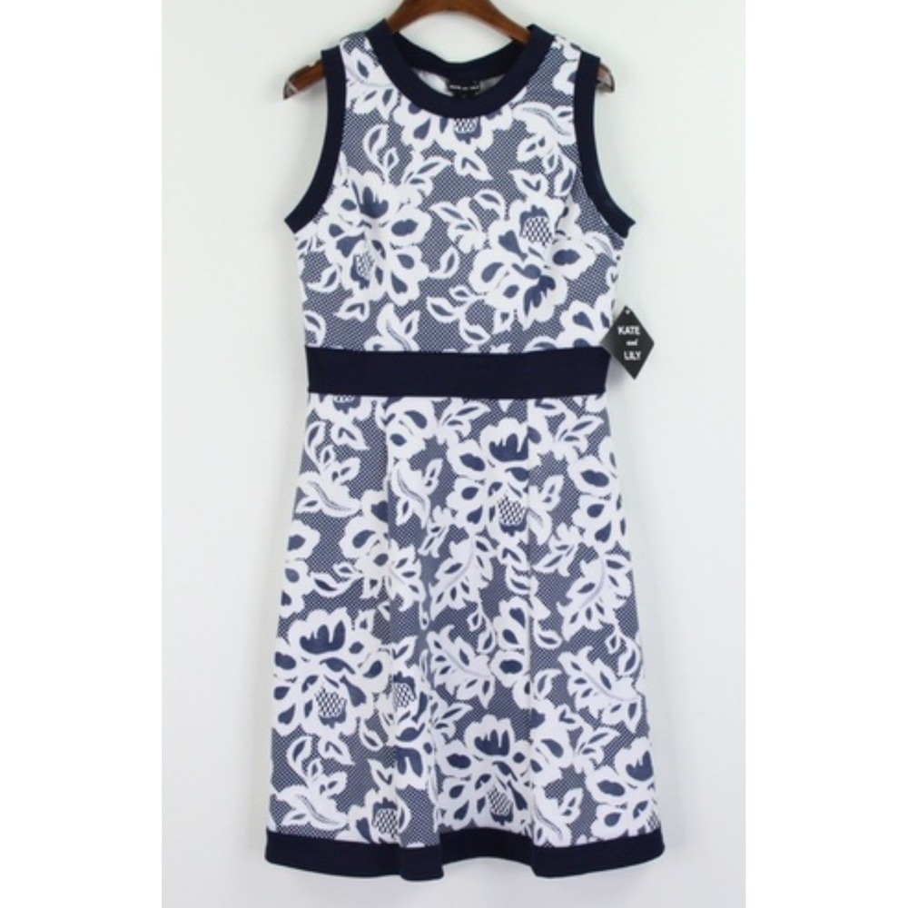 Kate and Lily Fit/Flare Lace Midi Dress Sleeveless 12 Navy White Floral Cottage